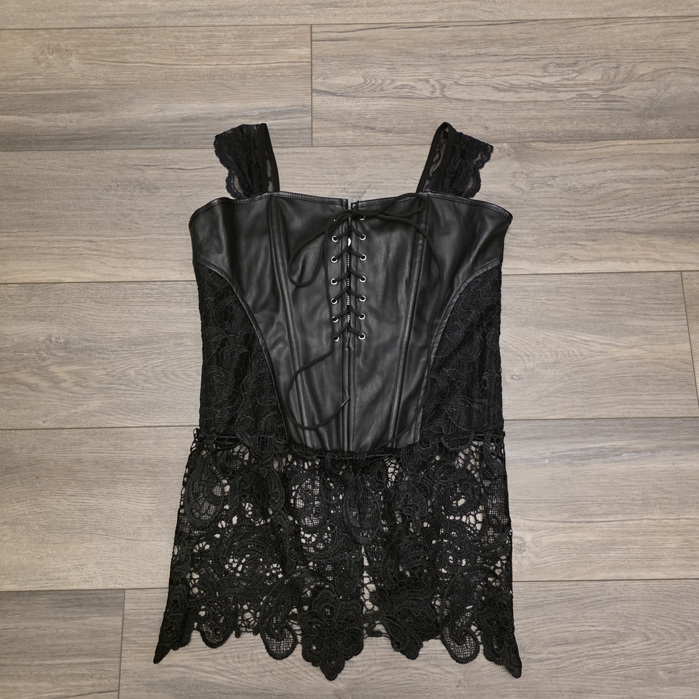 SEXY BLACK FAUX LEATHER &LACE CORSET BUSTIER LINGERIE FRONT TIE UP SIZE XL